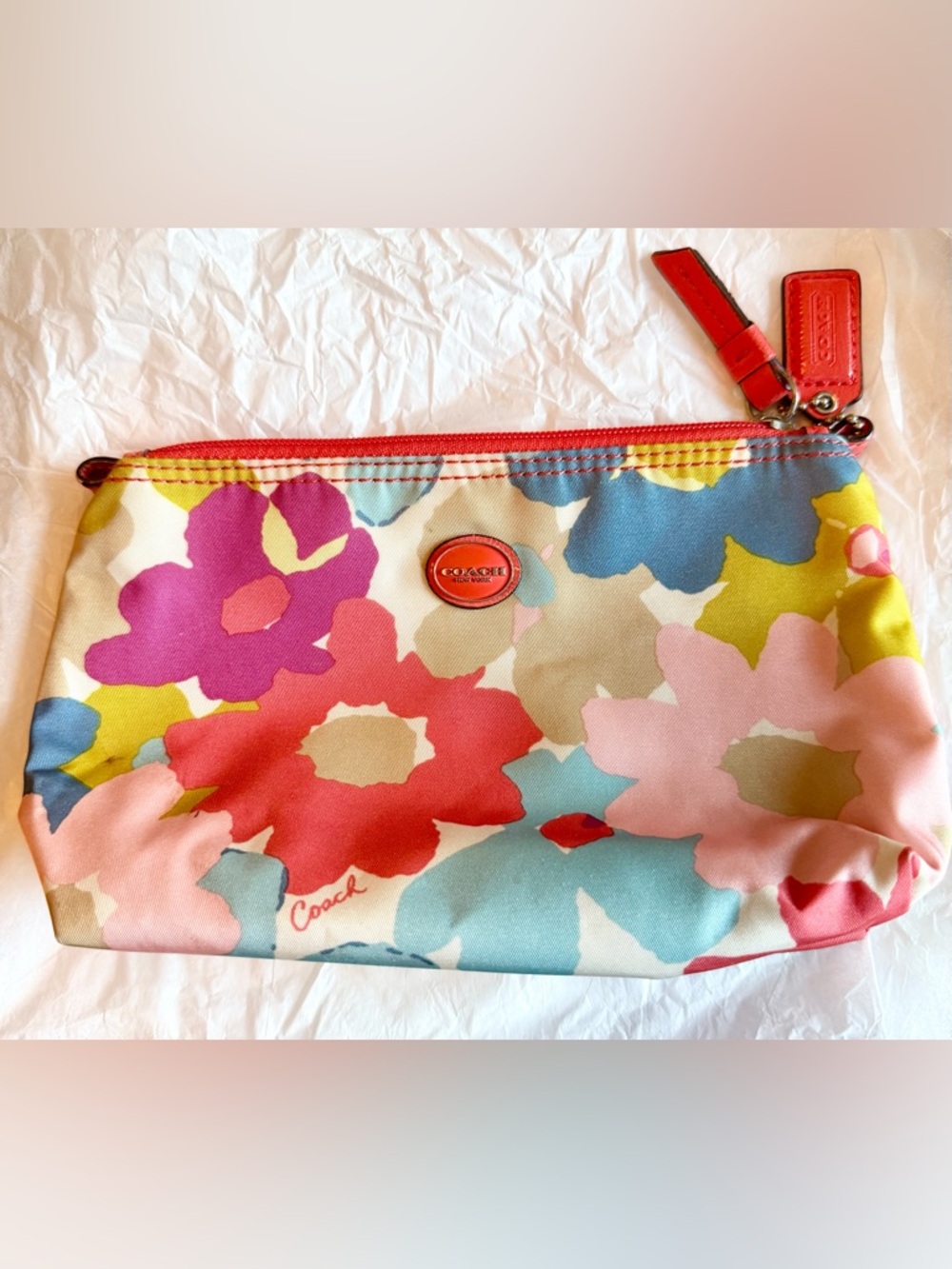 Coach Floral Print Cosmetic Pouch in Red, Pink, Blue, Yellow